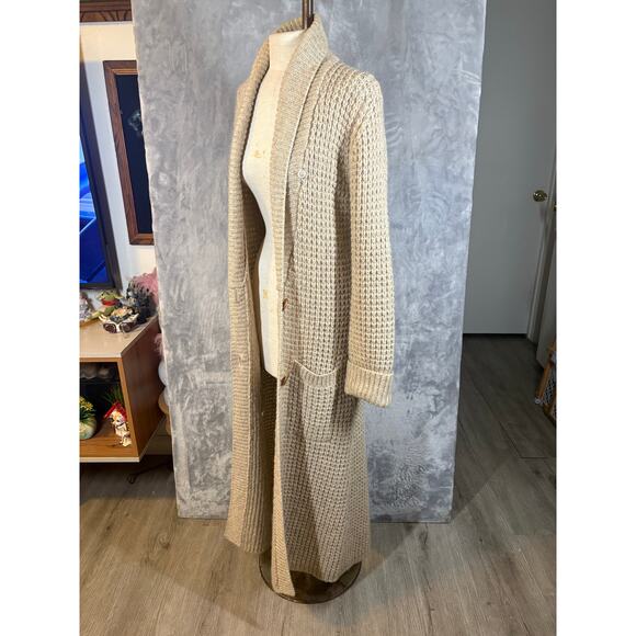 Vintage 70's Maxi Chunky Knit Mohair Wool Cardigan Beige 2 Button Casual Sweater - Picture 13 of 16